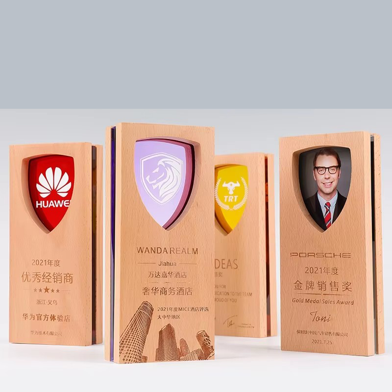 Free Design Copywriting Eco-friendly Wooden Crystal Trophy Medal Customization UV Printing Engraving for Business
