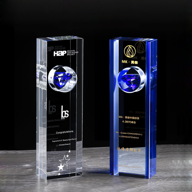 Blue Diamond Crystal Trophy Custom Event Competition Outstanding Employee Honor Crystal Medal Souvenir