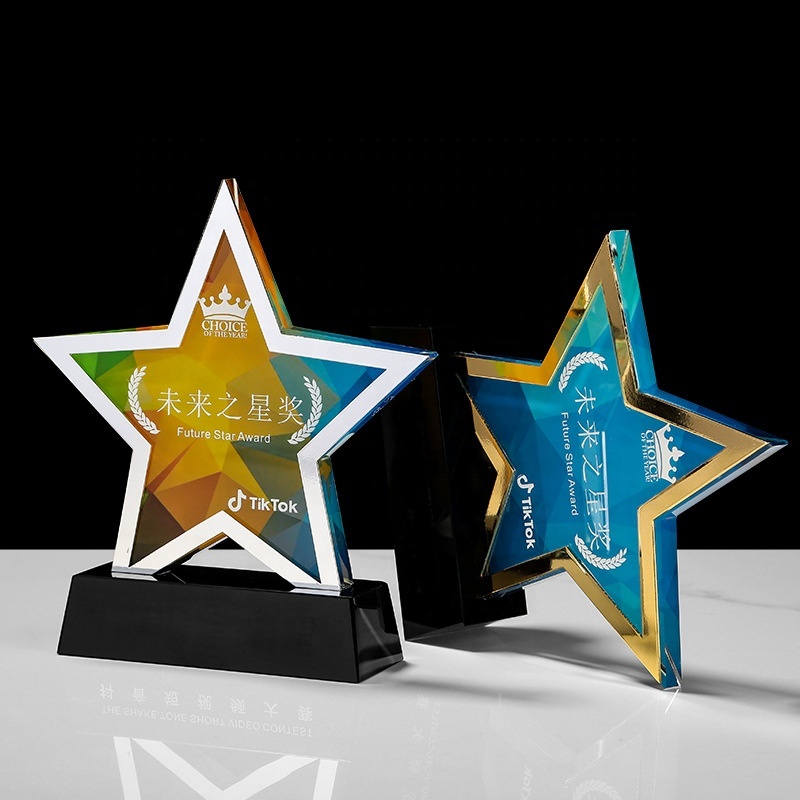 Wholesale Sublimation Trophy Custom Metal Pentagram Gold Silver Bronze Sports Event Awards Crystal Star Trophy