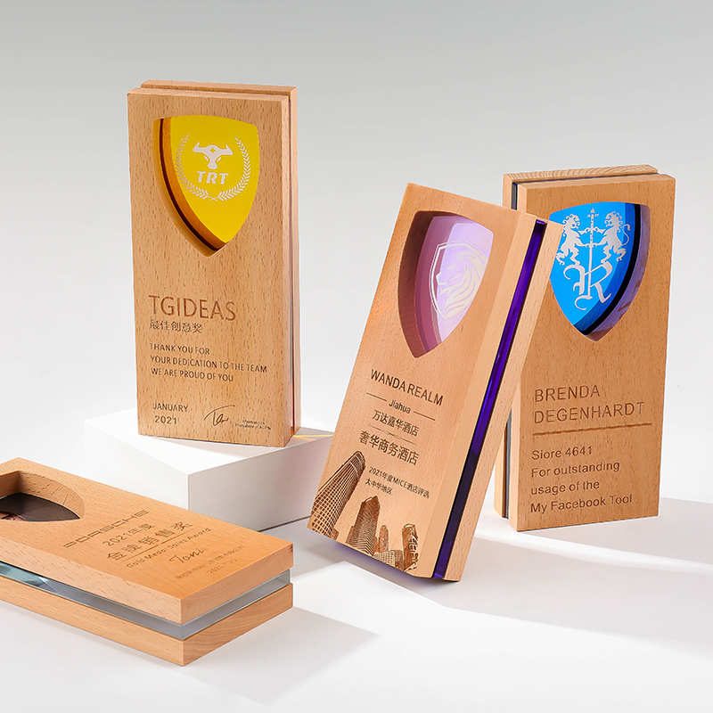 Free Design Copywriting Eco-friendly Wooden Crystal Trophy Medal Customization UV Printing Engraving for Business