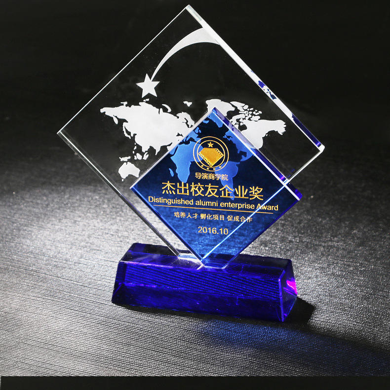 New Wholesale clear Blue Color Optic Crystal Award Trophy Customized logo Sandblasted Crystal Awards