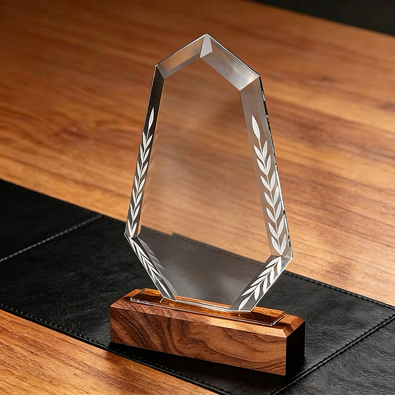 Elegant Blank Wooden Base Crystal Shield Wheat Trophy School Knowledge Competition Academic Honor Trophy Award Souvenirs