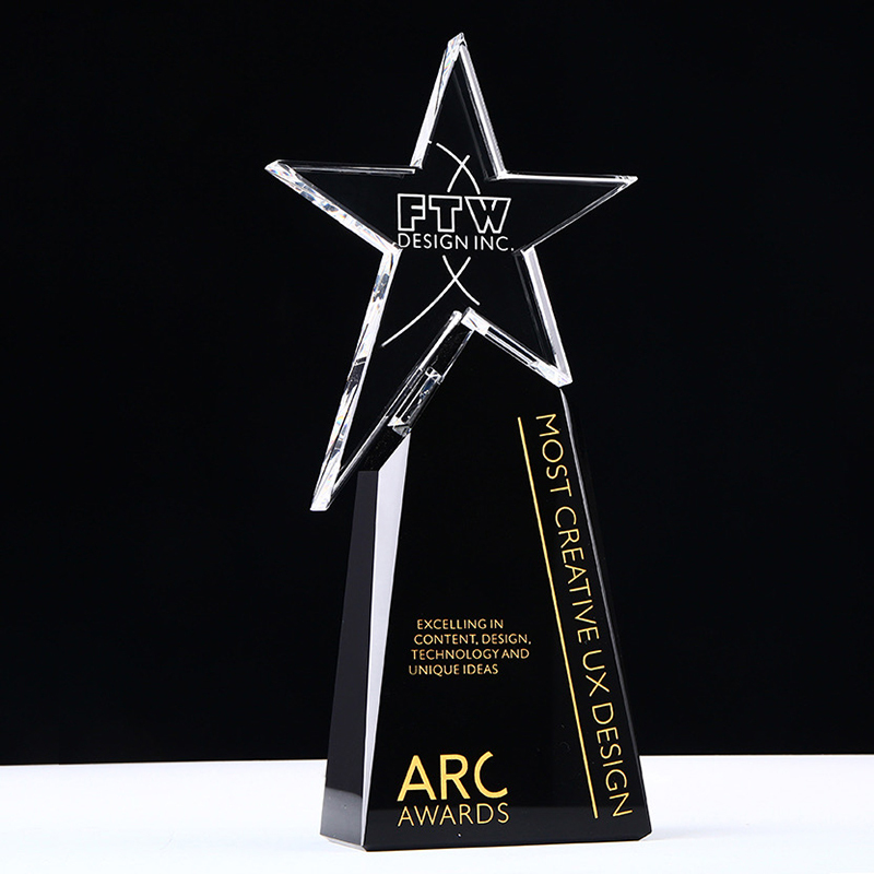 Manufacture Engraved Star Awards Custom  Black Glass Blank Trophy and Medals with Star for Retirement Sponsor Appreciation