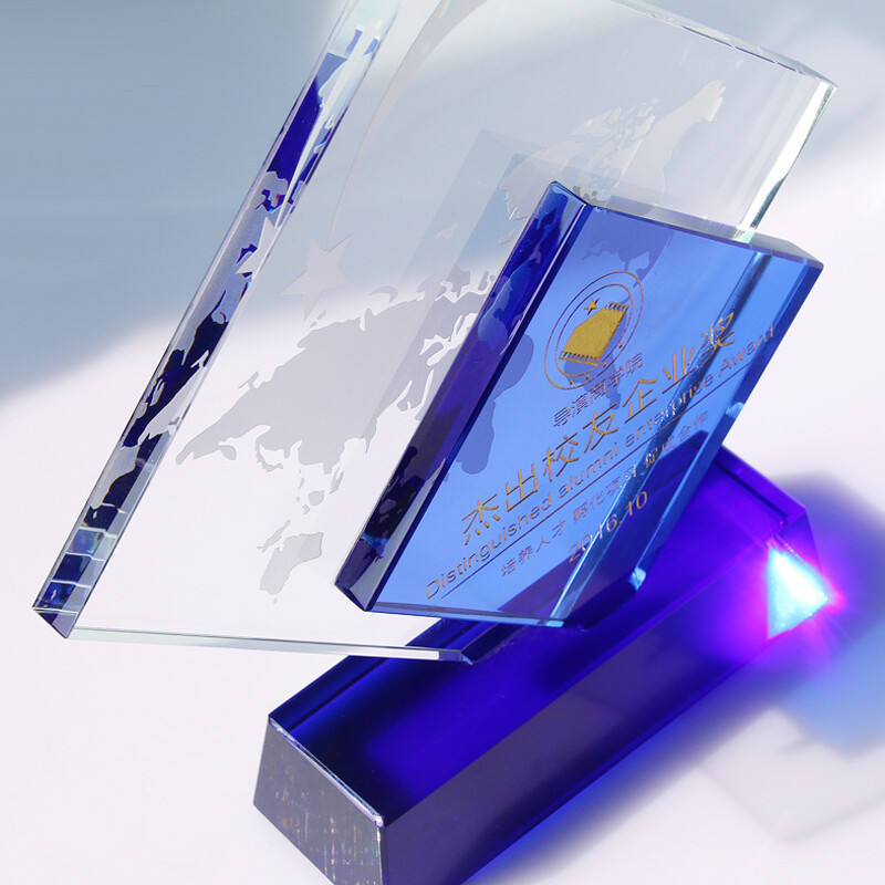 New Wholesale clear Blue Color Optic Crystal Award Trophy Customized logo Sandblasted Crystal Awards