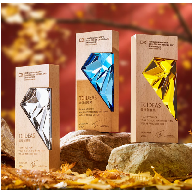 Shining Crystal Crafts Custom Design K9 Crystal Glass  Trophy Wood Award for Employee Recognition Awards With Gift Box
