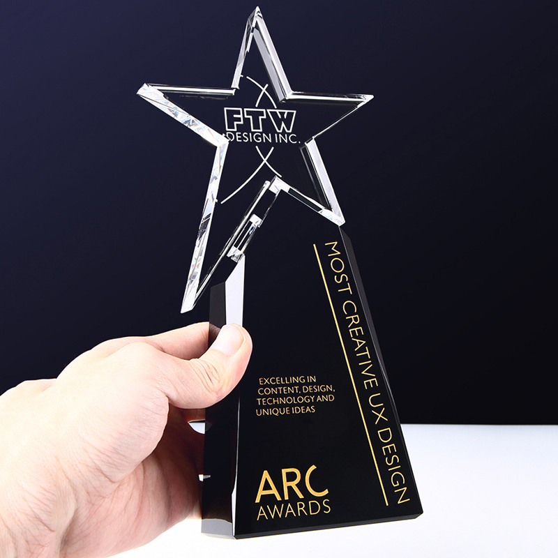 Manufacture Engraved Star Awards Custom  Black Glass Blank Trophy and Medals with Star for Retirement Sponsor Appreciation