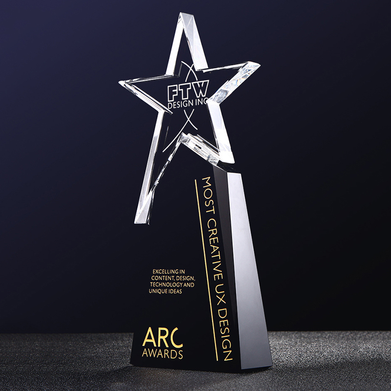 Manufacture Engraved Star Awards Custom  Black Glass Blank Trophy and Medals with Star for Retirement Sponsor Appreciation