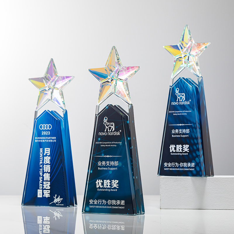 High End Star Colored Glass Trophy  Personalized UV Printed Crystal Awards for Business Gifts