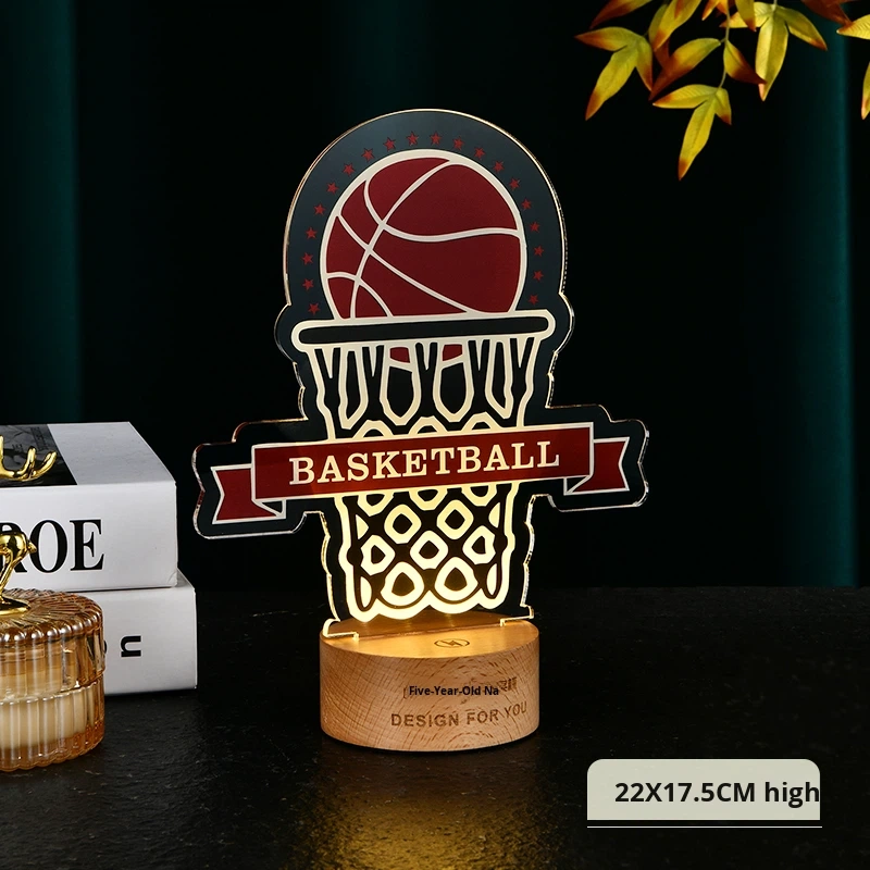 Creative LED Luminous Eco-friendly Wood Night Light Custom Engraved Sports Award Basketball Football Running Tennis MVP Trophy