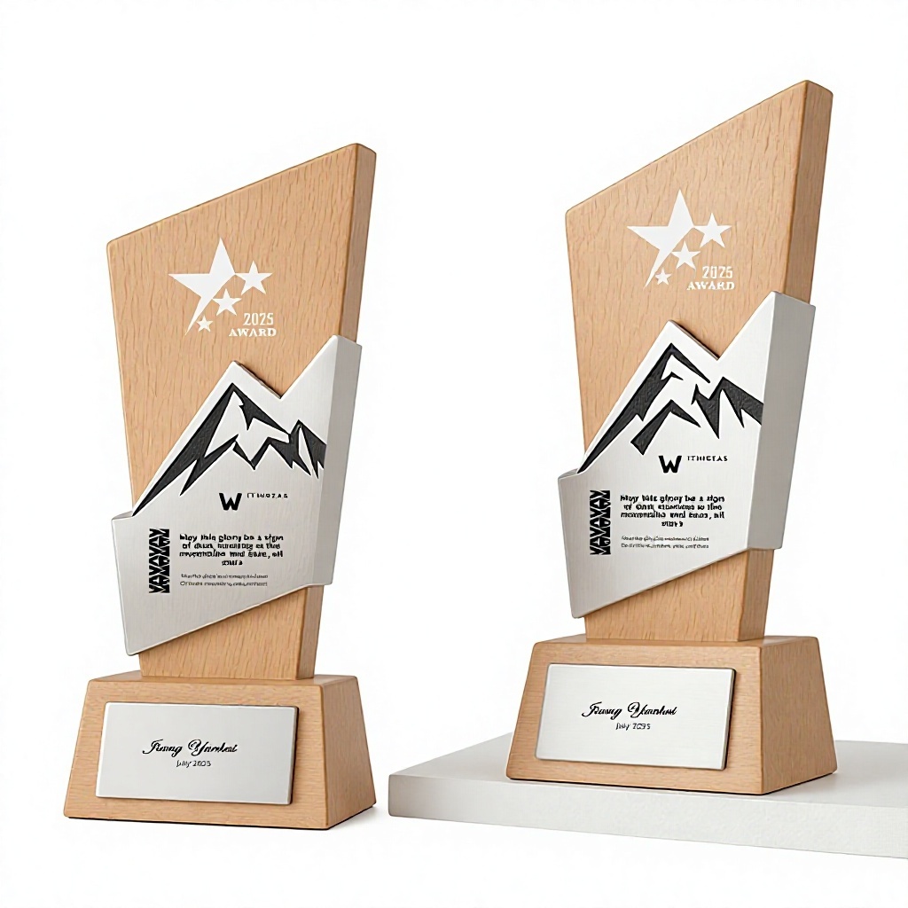 2026 New-Style Custom Metal & Beechwood Trophy with UV Printing Creative Award Stand for Outstanding Employees