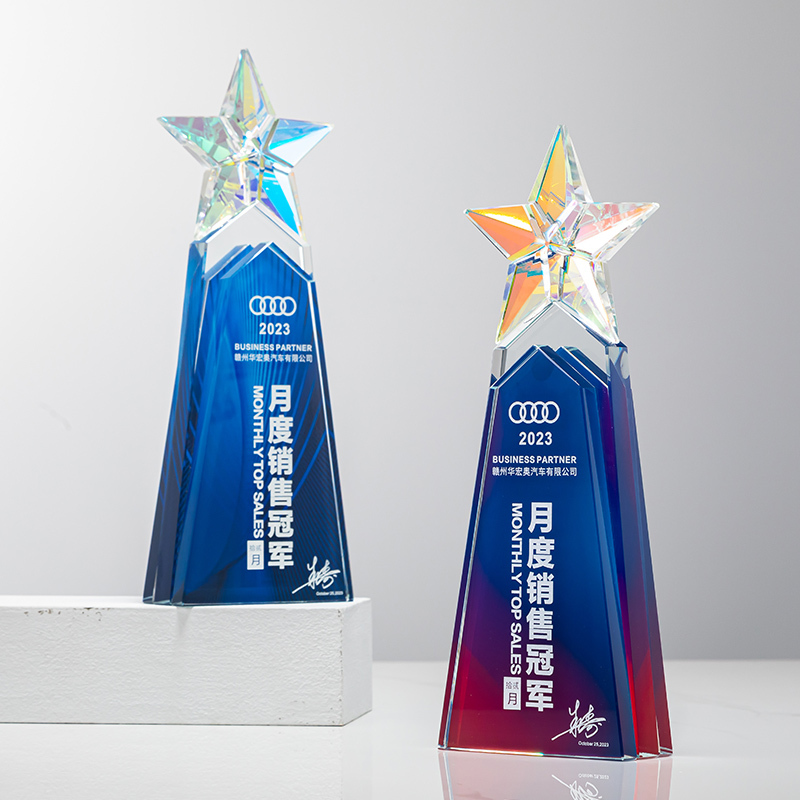 High End Star Colored Glass Trophy  Personalized UV Printed Crystal Awards for Business Gifts