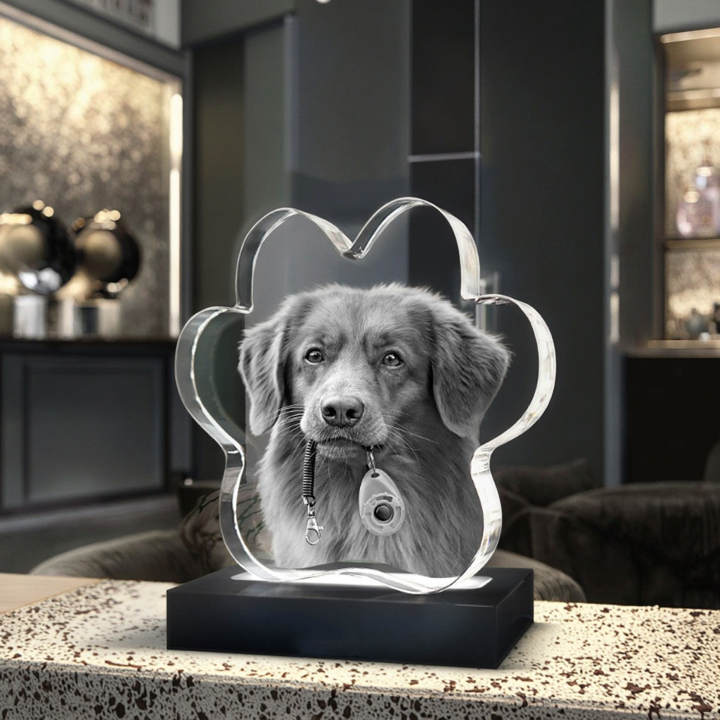 Shining Custom Crystal 3D Laser Engraved Pet Paw Shape Crystal Block for Souvenir Gift