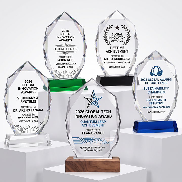 Unique Mountain Peak Cut Crystal Trophy Blank Award Design Black Blue Transparent Solid Wood Base Sports Corporate Recognition