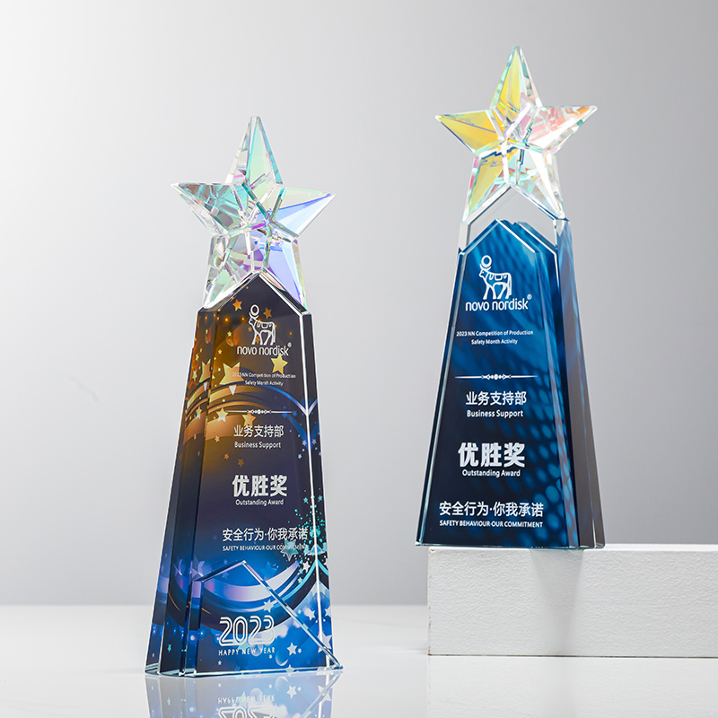 High End Star Colored Glass Trophy  Personalized UV Printed Crystal Awards for Business Gifts