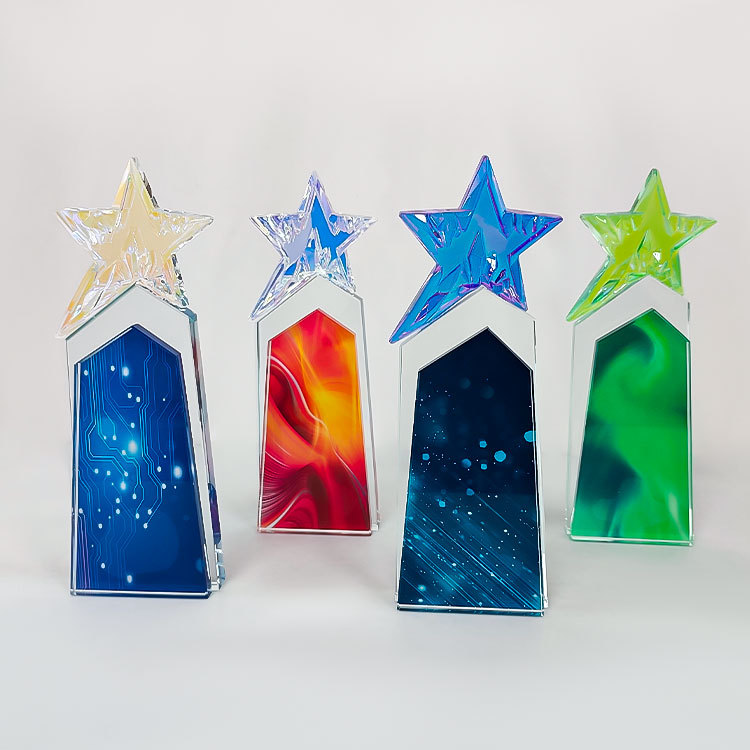 Full Color Printed New Design Rainbow purple Yellow Silver Green Blue Crystal Star Awards Trophy  MH-N585