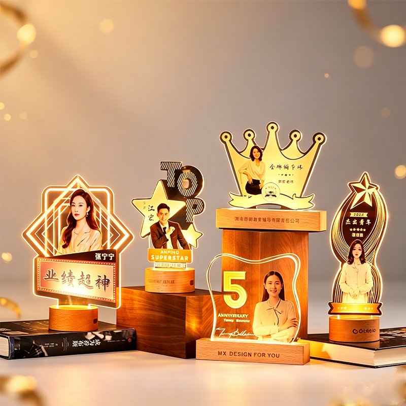 Custom Enterprise Acrylic Led Trophies Souvenir Moulded Cutting Portrait Printing Outstanding Staff Awards Factory Wholesale