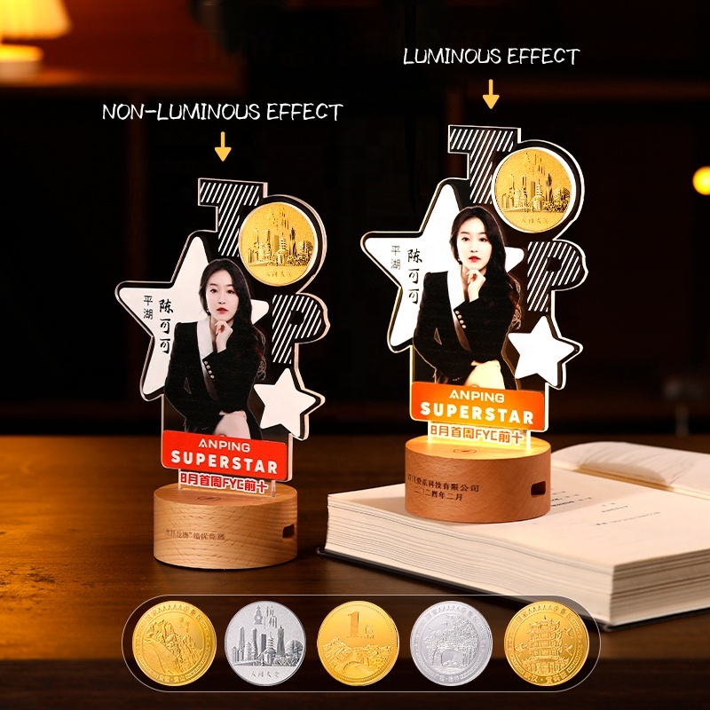 Custom Enterprise Acrylic Led Trophies Souvenir Moulded Cutting Portrait Printing Outstanding Staff Awards Factory Wholesale