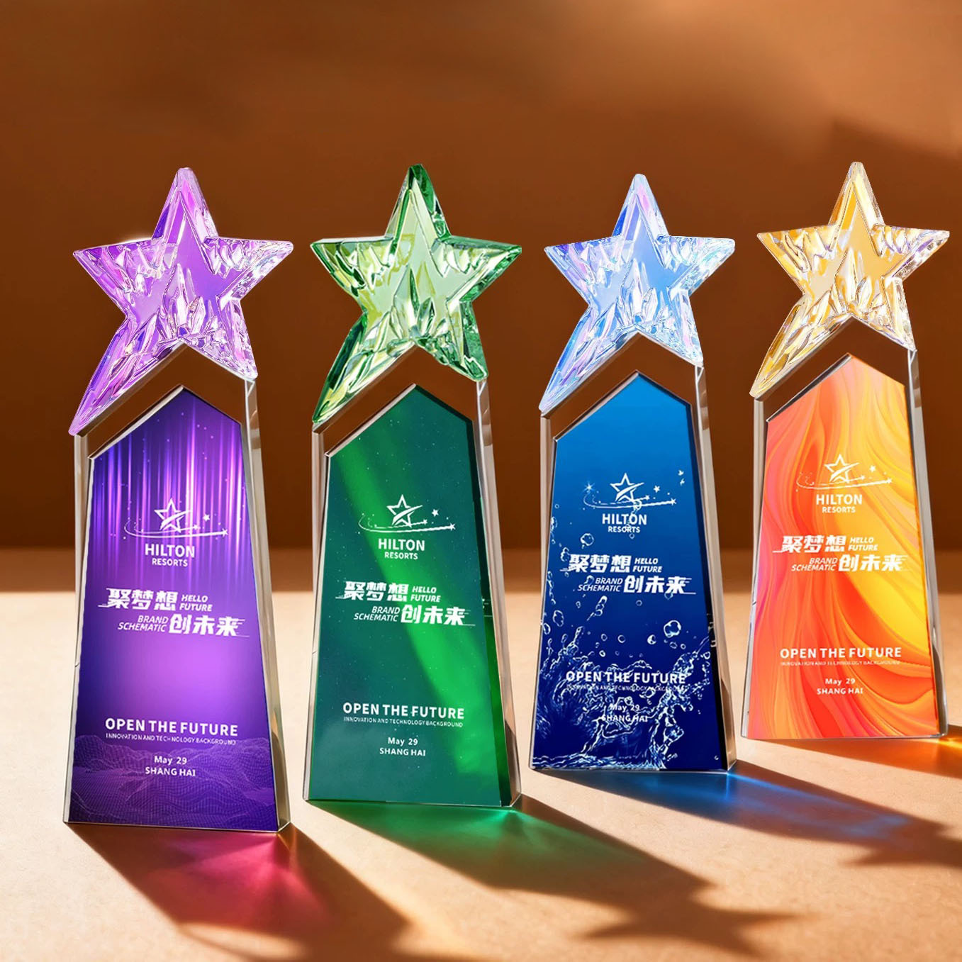Full Color Printed New Design Rainbow purple Yellow Silver Green Blue Crystal Star Awards Trophy  MH-N585