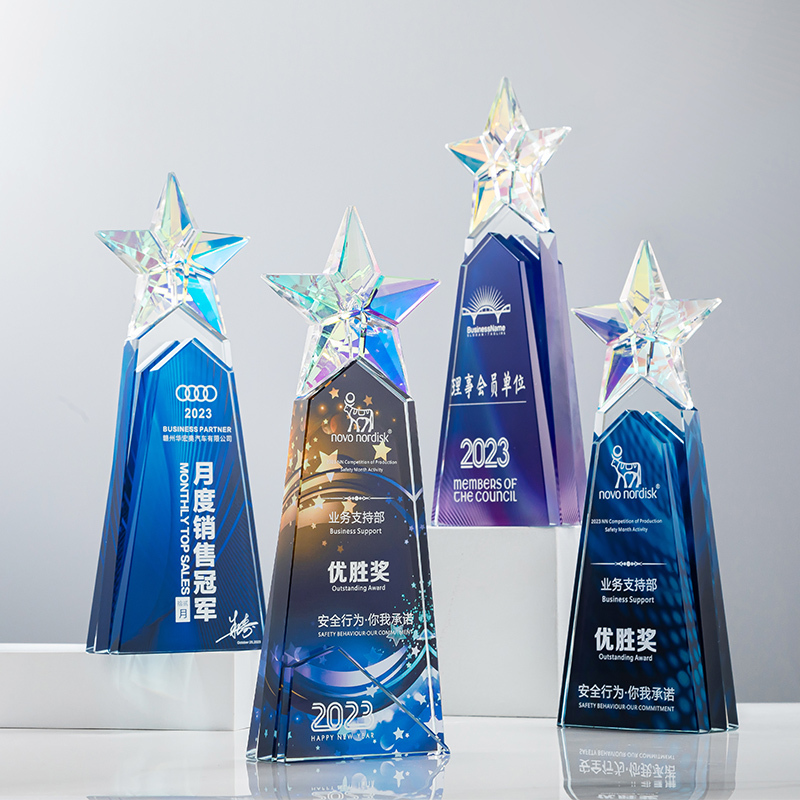 High End Star Colored Glass Trophy  Personalized UV Printed Crystal Awards for Business Gifts
