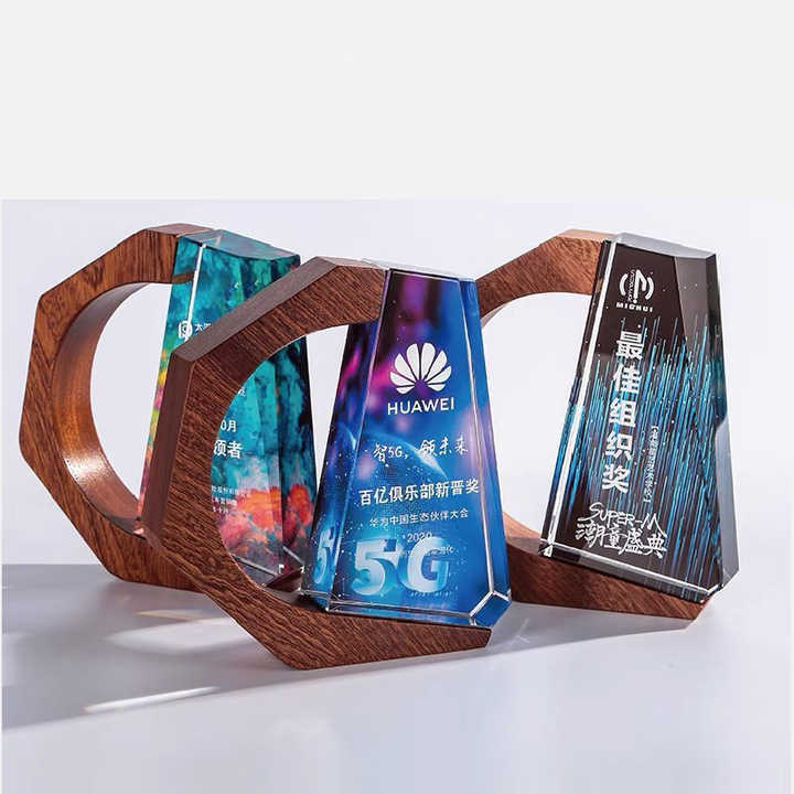 Full Color Printing Crystal Cup Plaque Crystal Trophy with Wooden Base MH-J296