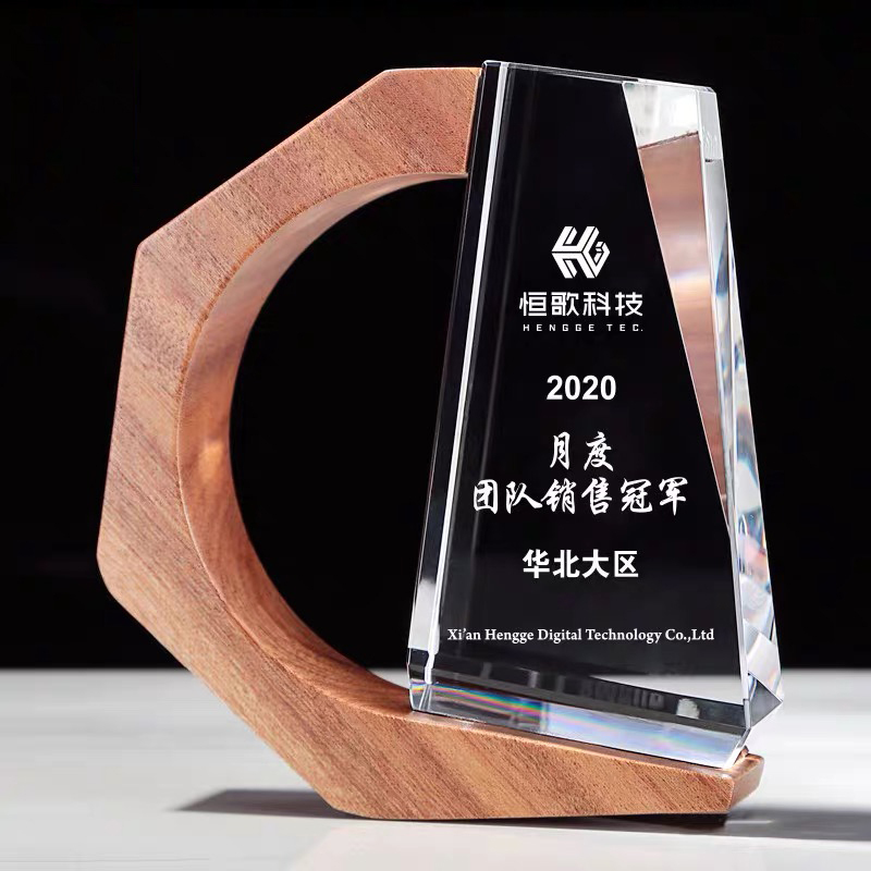 Full Color Printing Crystal Cup Plaque Crystal Trophy with Wooden Base MH-J296