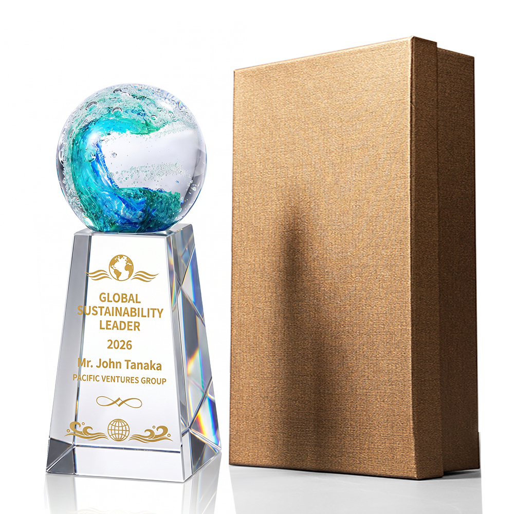 Hot Selling Nobel Style Surfing Art Crystal Trophy Award Transparent Base Corporate Excellence Employee Recognition