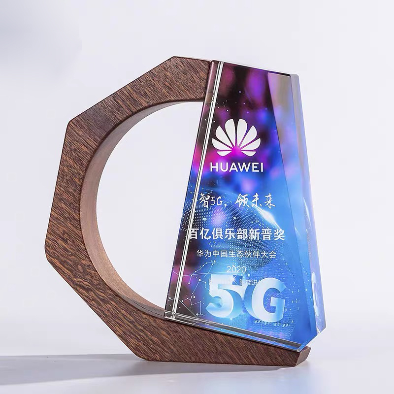 Full Color Printing Crystal Cup Plaque Crystal Trophy with Wooden Base MH-J296
