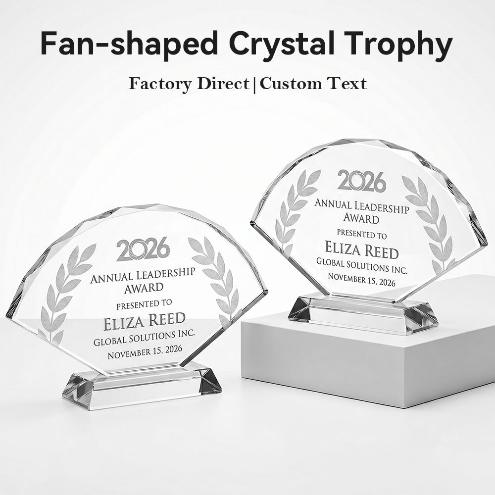 Hot Selling Fan Shape Crystal Trophy Award Large Engraving Area Modern Design Corporate Anniversary Souvenir Keepsake