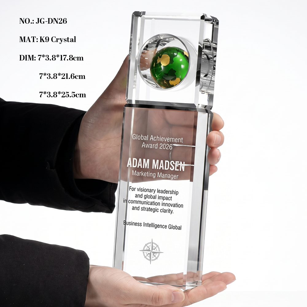 Custom High Quality Crystal Cube Globe Trophy Award Unique Design Blue Green Employee Souvenir Sports Recognition Prize