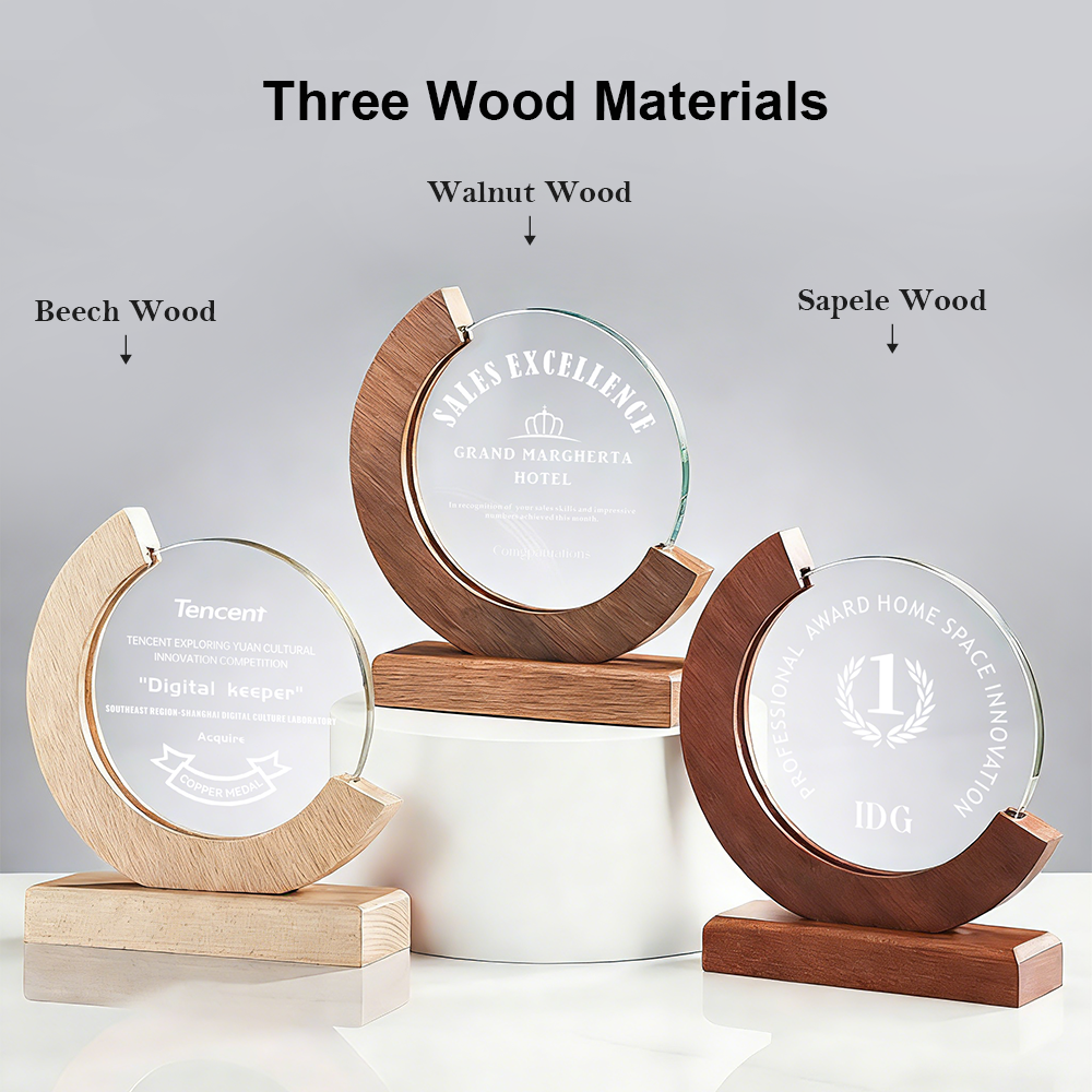 Custom Round Crystal Trophy With Wood Base Personalized Engraved Eco Friendly Glass Plaque for Corporate Recognition Achievement