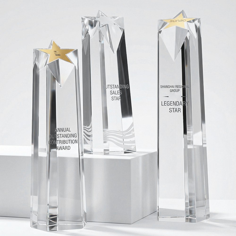 Custom K9 Crystal Star Trophy Personalized Engraved Slanted Pillar Plaque for Corporate Excellence Sales Champion Recognition