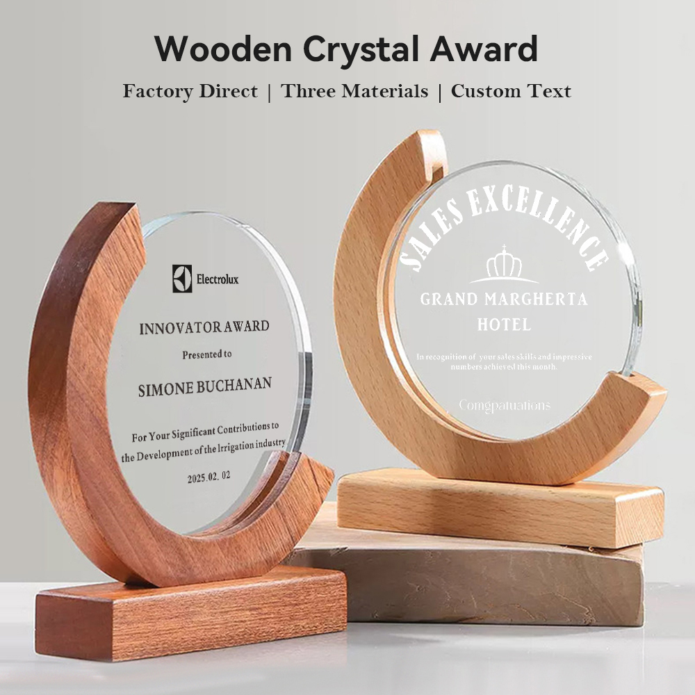 Custom Round Crystal Trophy With Wood Base Personalized Engraved Eco Friendly Glass Plaque for Corporate Recognition Achievement