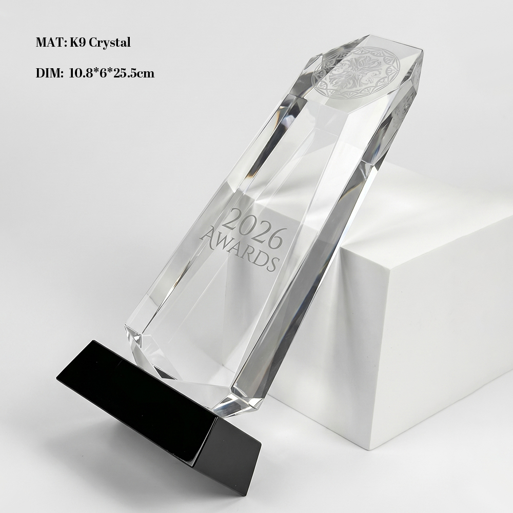 Custom K9 Crystal Trophy Laser Engraved Logo Pyramid Black Base Service Contribution Recognition Plaque Employee Appreciation