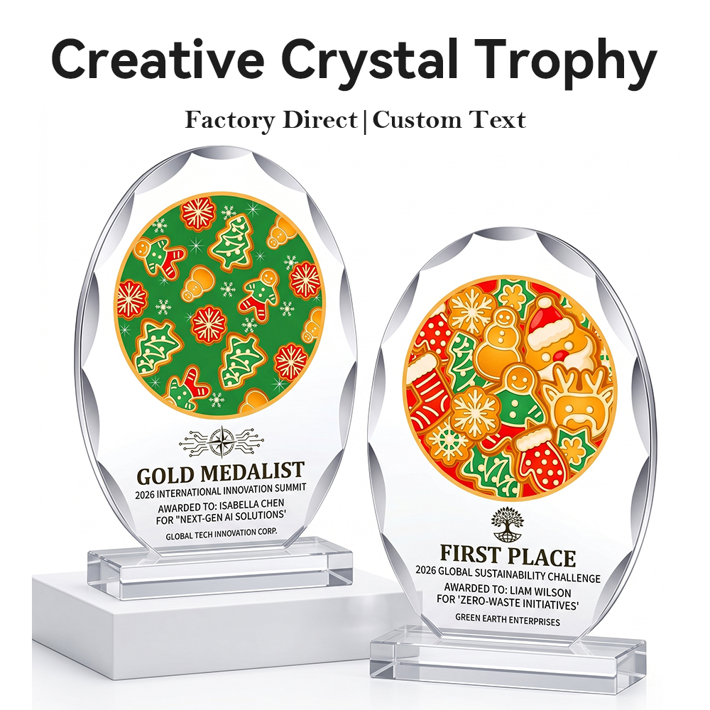 Hot Selling Oval Crystal Trophy Medal Award Large Engraving Area Modern Design Annual Party Christmas Recognition Keepsake