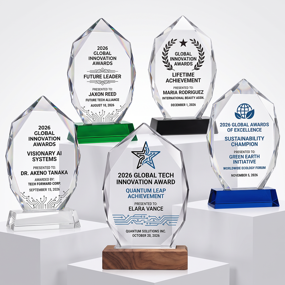 Unique Mountain Peak Cut Crystal Trophy Blank Award Design Black Blue Transparent Solid Wood Base Sports Corporate Recognition
