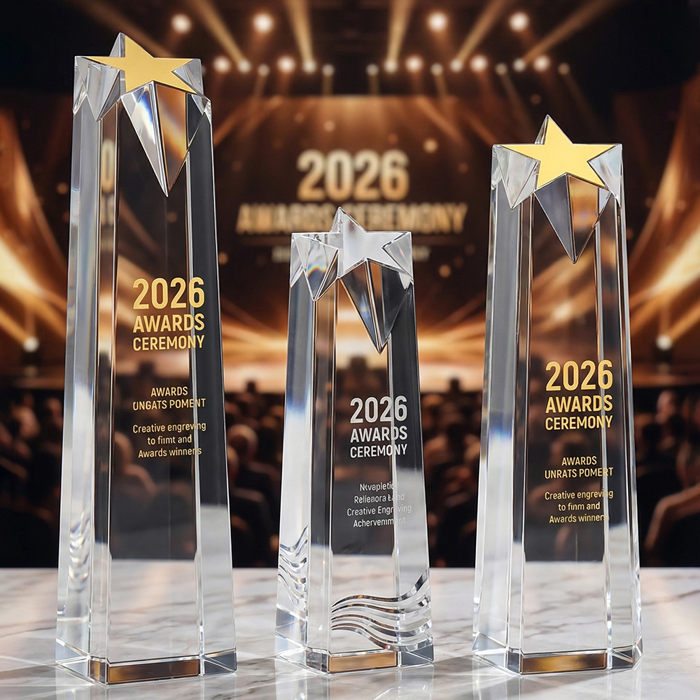 Custom K9 Crystal Star Trophy Personalized Engraved Slanted Pillar Plaque for Corporate Excellence Sales Champion Recognition