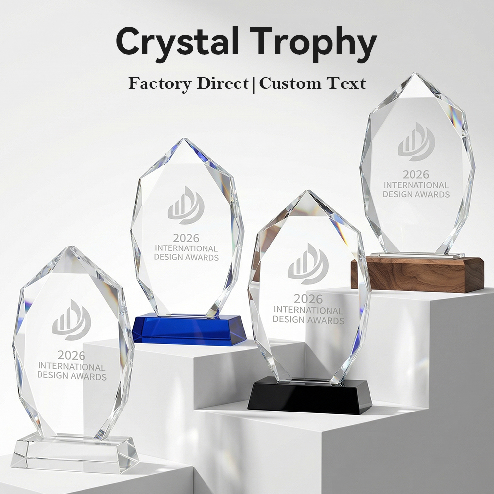 Unique Mountain Peak Cut Crystal Trophy Blank Award Design Black Blue Transparent Solid Wood Base Sports Corporate Recognition