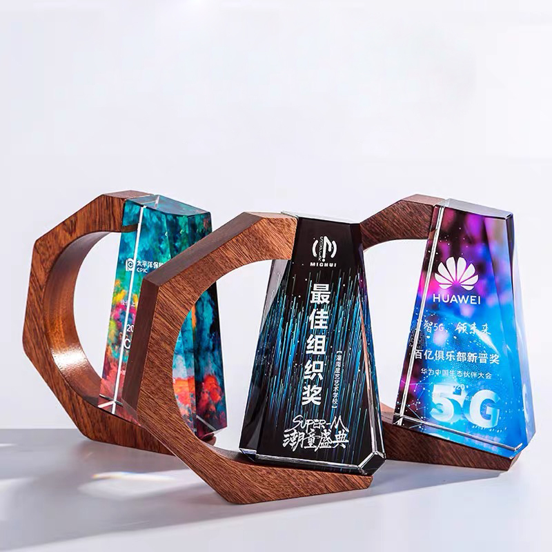 Full Color Printing Crystal Cup Plaque Crystal Trophy with Wooden Base MH-J296