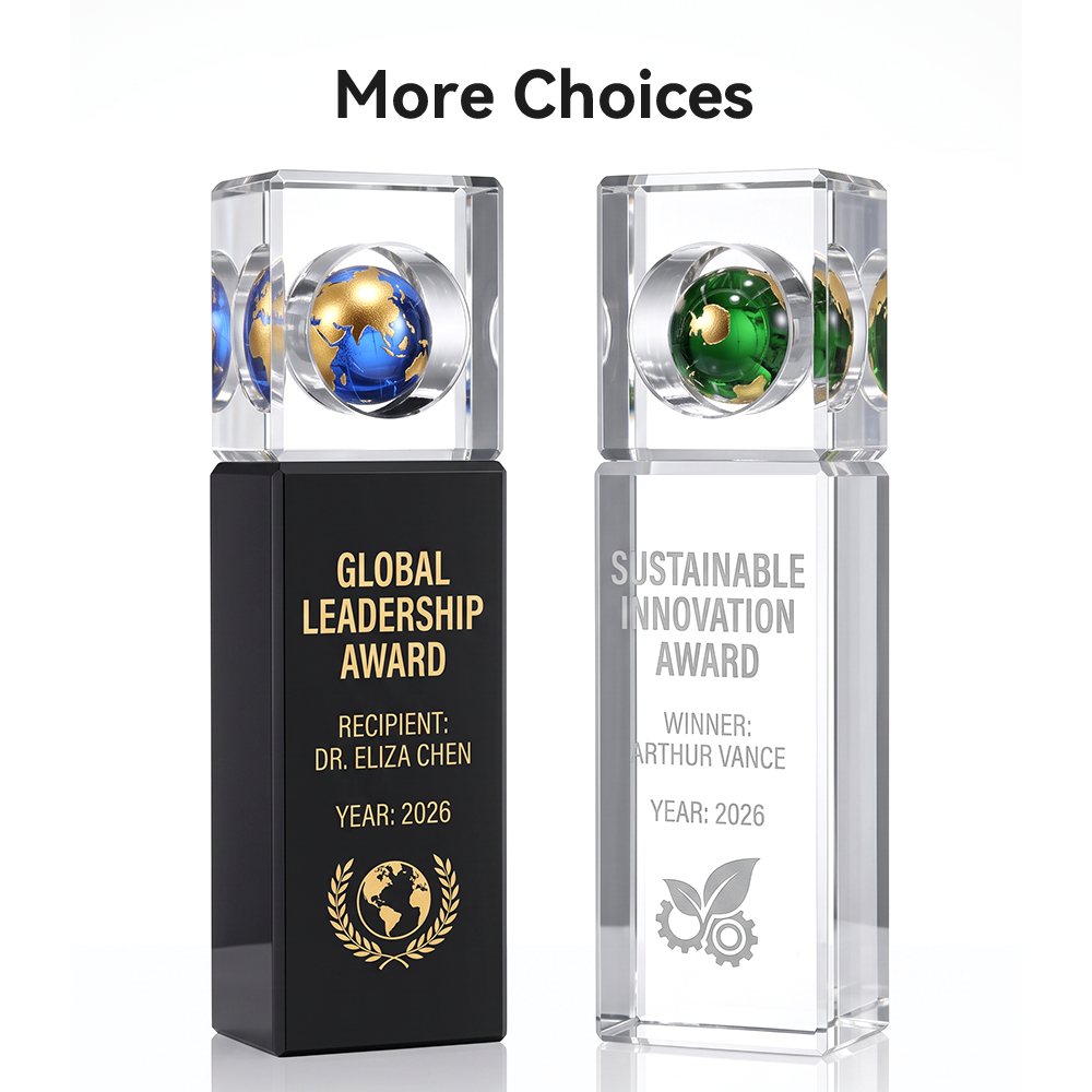 Custom High Quality Crystal Cube Globe Trophy Award Unique Design Blue Green Employee Souvenir Sports Recognition Prize
