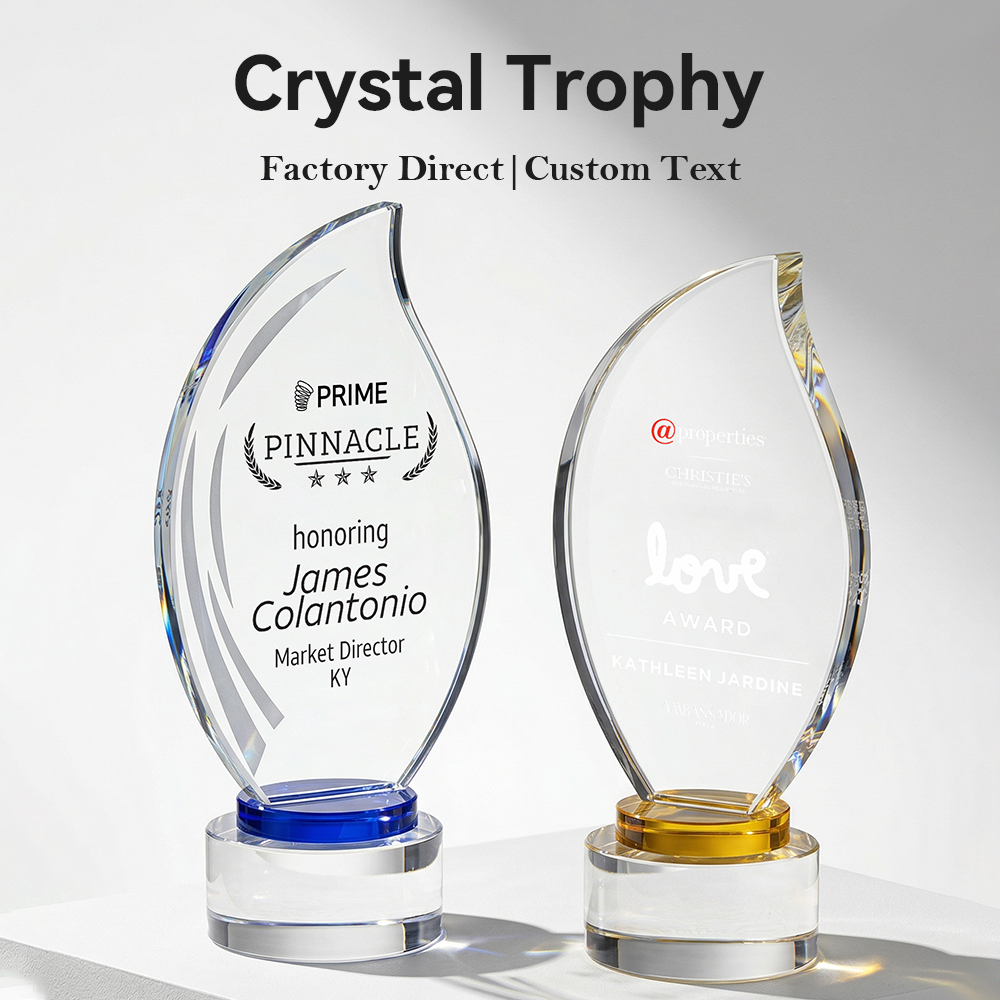 Custom Crystal Trophy Award Personalized Engraved Blue Yellow Base Plaque Corporate Recognition Champion Sports Achievement