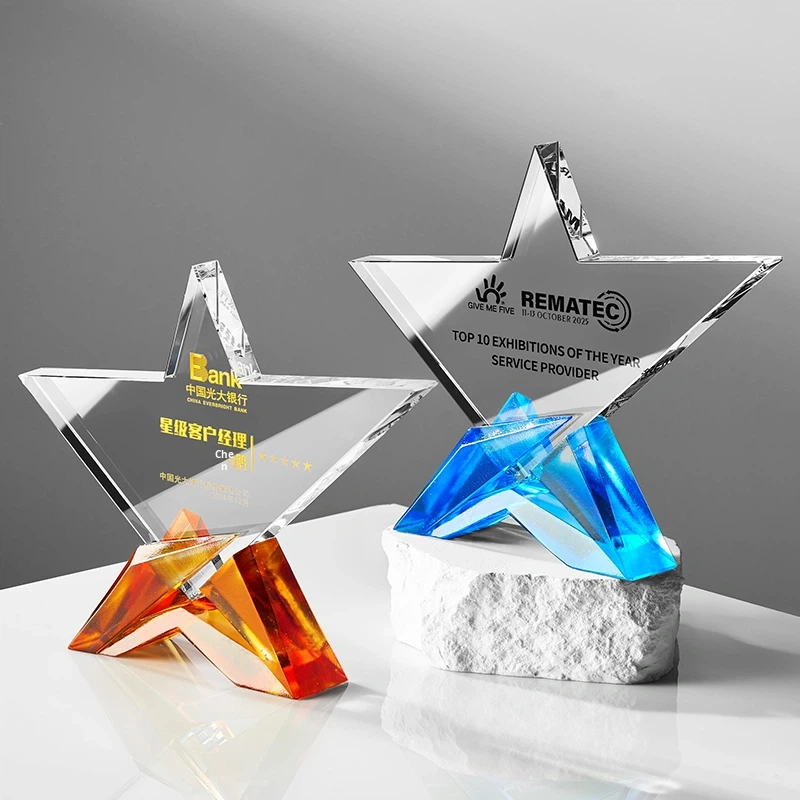 Custom New Five-Star Glazed Trophy High-End Engraved Future Star Outstanding Employee China Commemorative Award