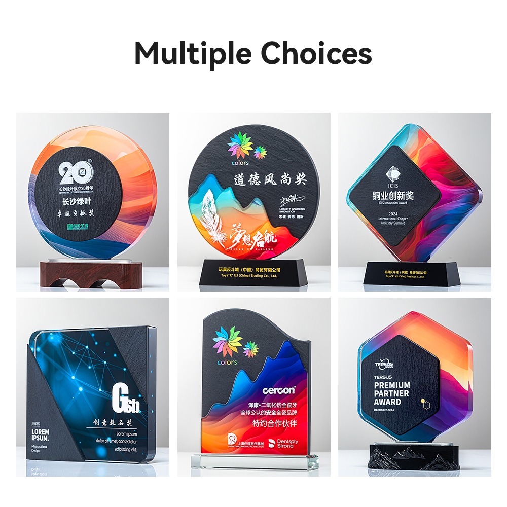 Hot Selling Black Marble Crystal Trophy Award Geometric Pattern Laser Engraved Colorful Design Sports Event Recognition Prize