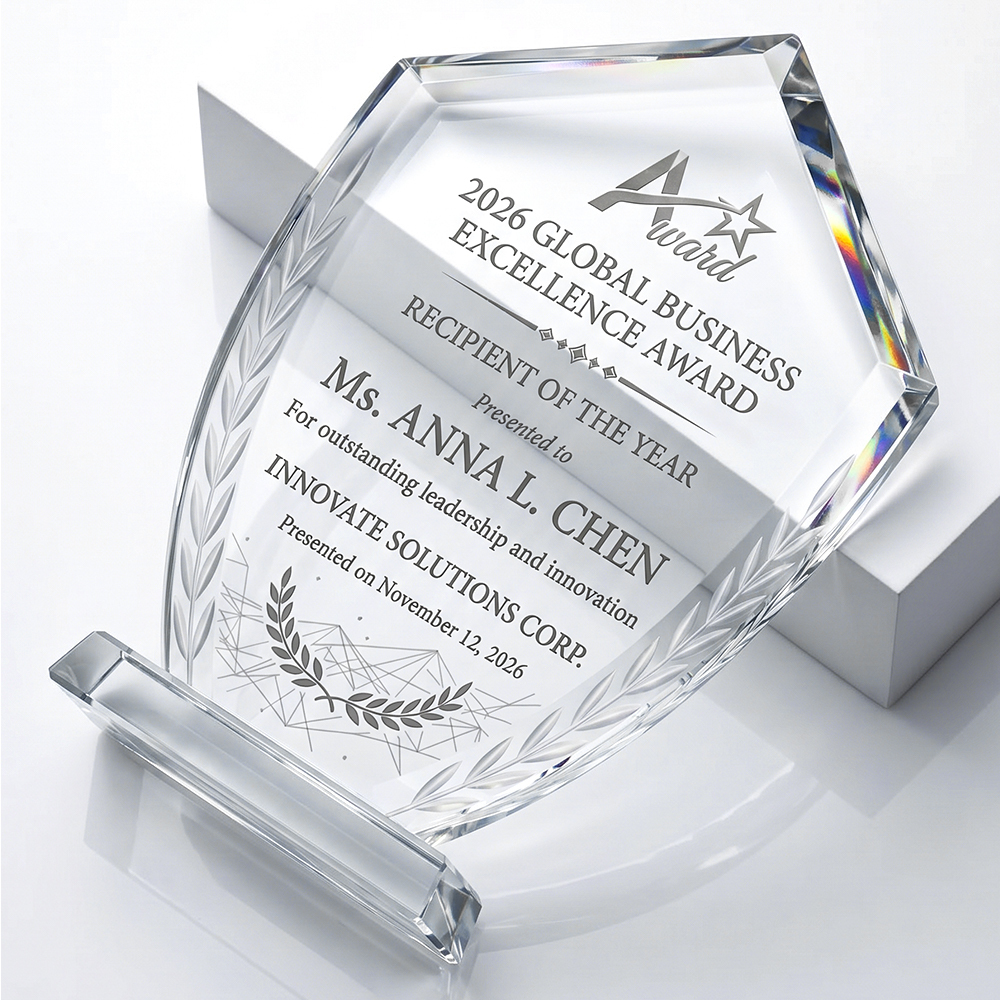 Custom Shape Crystal Trophy Award Laser Engraved Logo Design Modern Artistic Souvenir and Promotional Gift