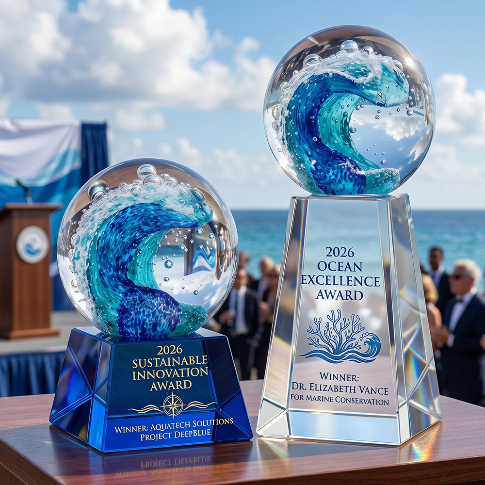 Hot Selling Nobel Style Surfing Art Crystal Trophy Award Transparent Base Corporate Excellence Employee Recognition