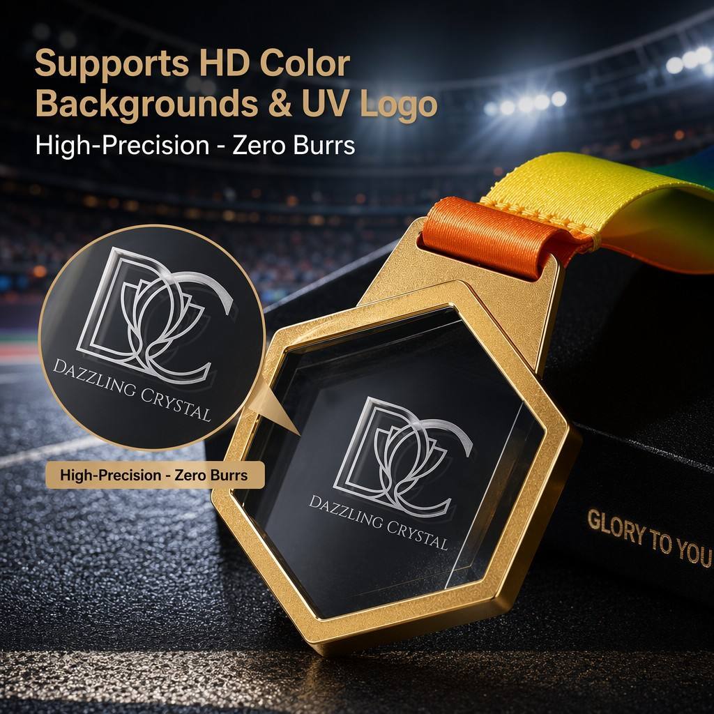 Elite Custom Metal Crystal Medal with Full Color UV Printing Creative Sport & Academic  Medal with Gradient Silk Ribbon