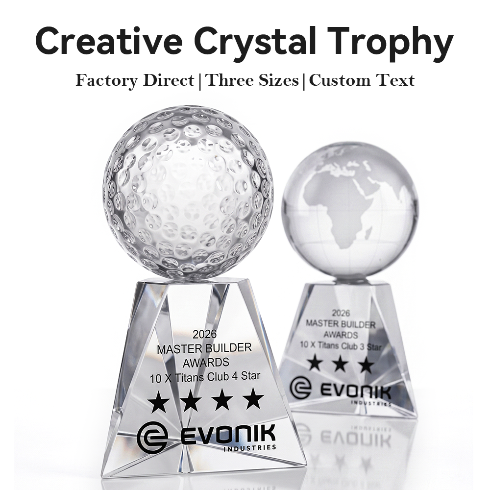 Custom Crystal Glass Trophy Award Blue Diamond Globe Golf Ball Design Team Champion Commemorative Medal Prize