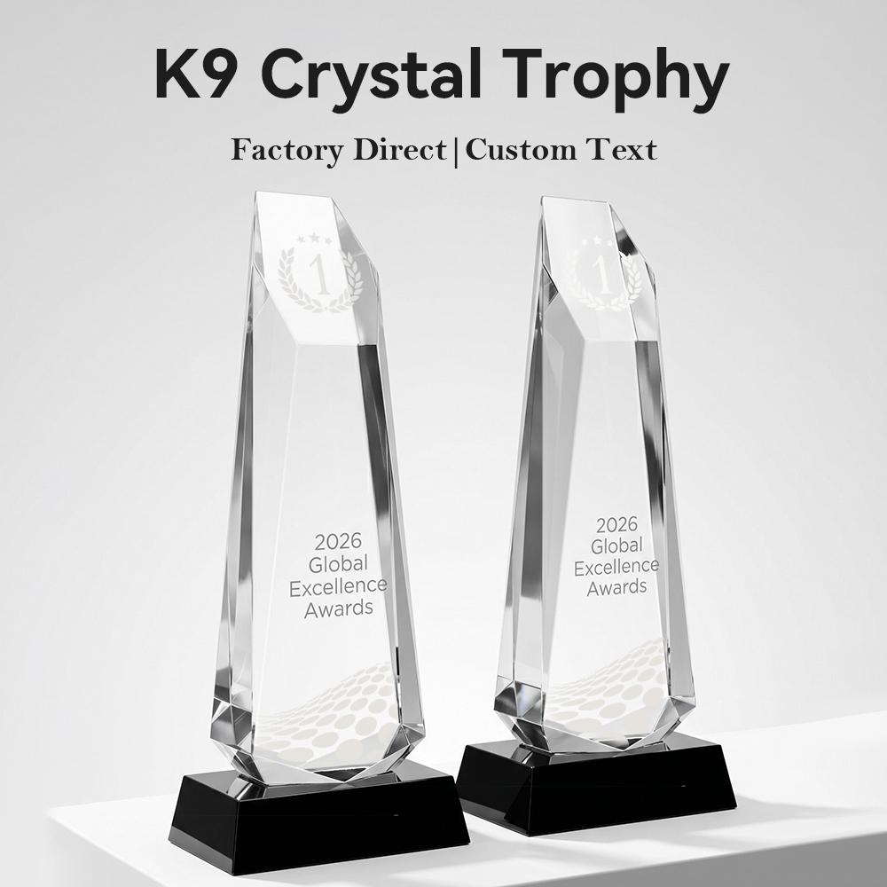 Custom K9 Crystal Trophy Laser Engraved Logo Pyramid Black Base Service Contribution Recognition Plaque Employee Appreciation