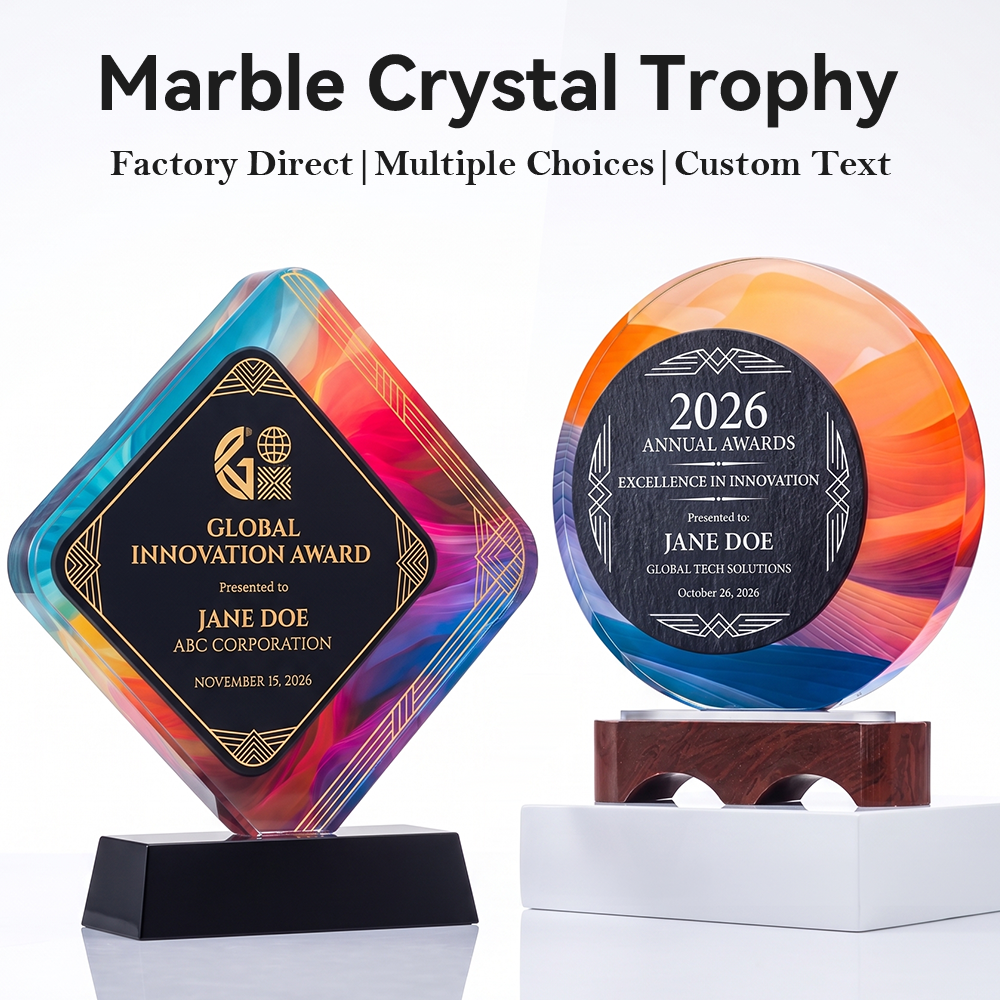 Hot Selling Black Marble Crystal Trophy Award Geometric Pattern Laser Engraved Colorful Design Sports Event Recognition Prize