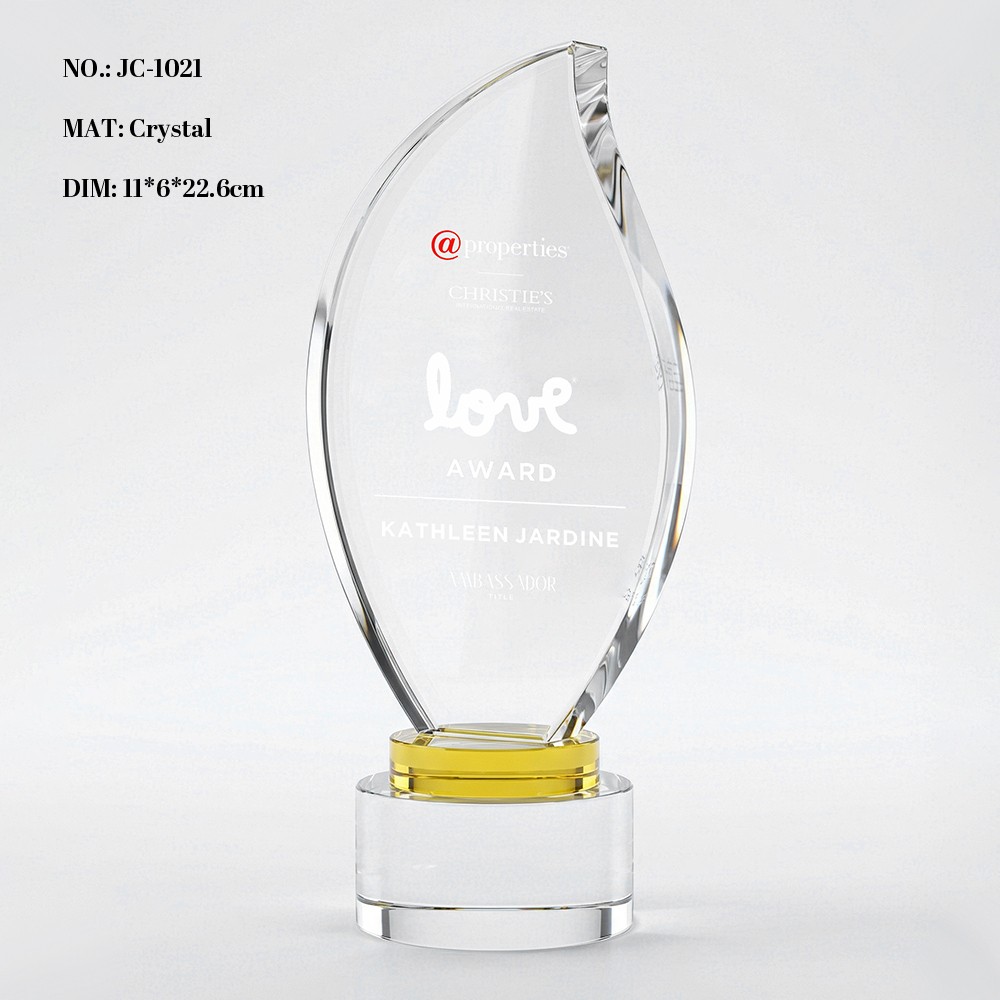Custom Crystal Trophy Award Personalized Engraved Blue Yellow Base Plaque Corporate Recognition Champion Sports Achievement