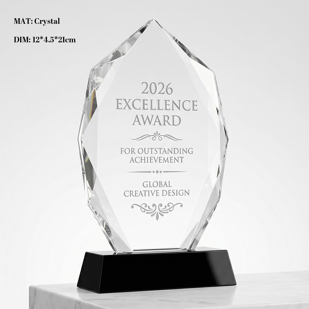 Unique Mountain Peak Cut Crystal Trophy Blank Award Design Black Blue Transparent Solid Wood Base Sports Corporate Recognition